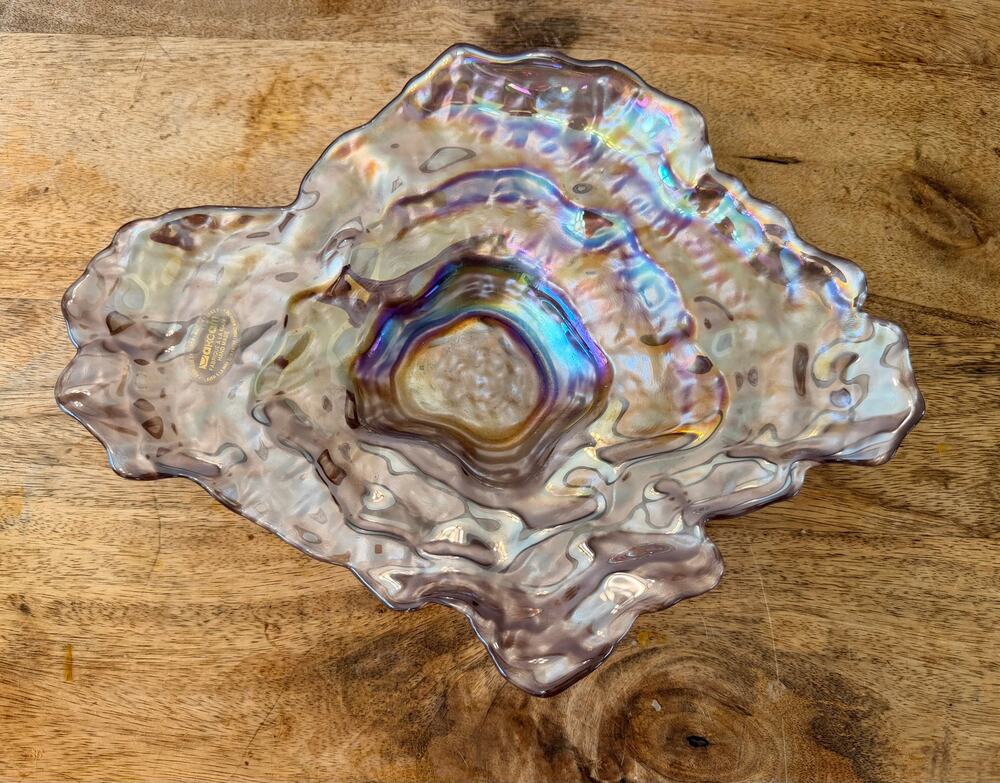 15" Akcam Turkish Glass Oyster Plate Iridescent Lavender Carnival Glass Vintage